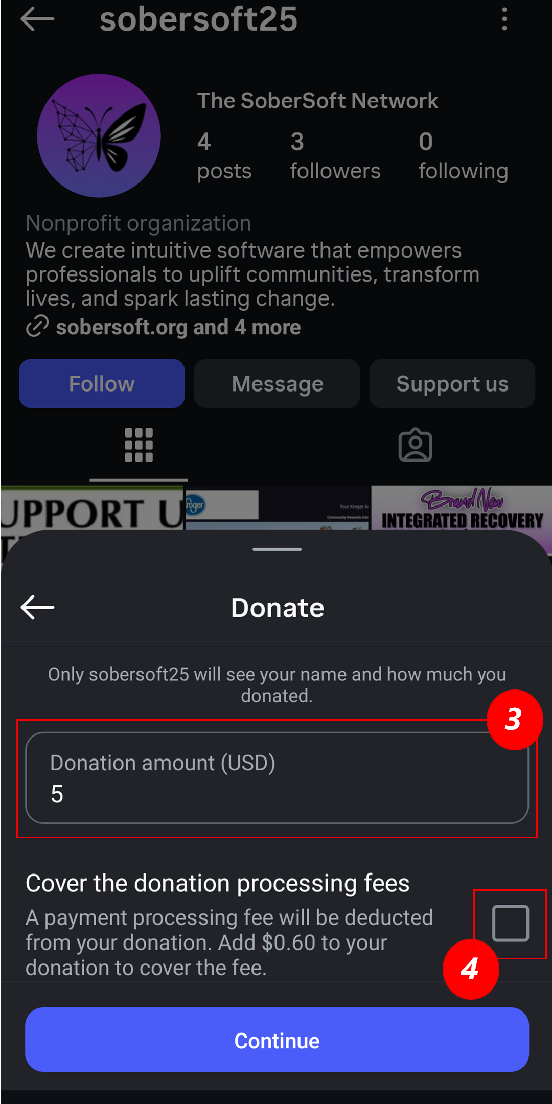 Instagram Donate screen with donation amount and cover fees option